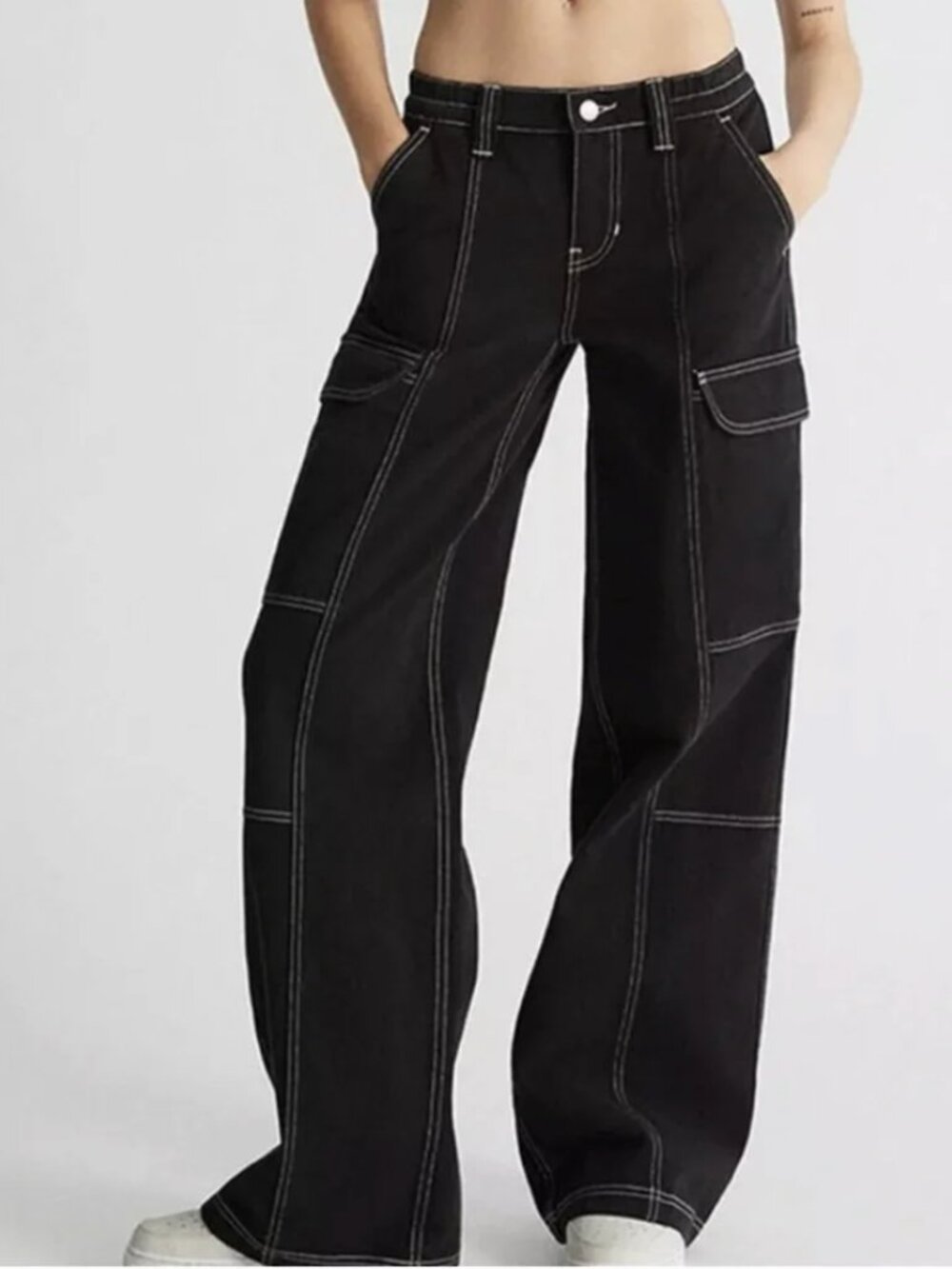 NEW Pacsun Black Cargo Pants L Wide-Leg Low-Rise Puddle Trousers Cotton